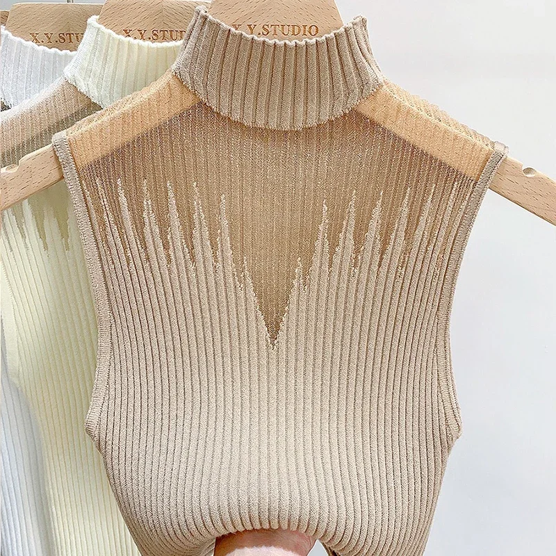 Women's Sleeveless Mesh Knitted Top, Tank Top, Half Neck Vest, Female Chic Cut Out Streetwear, Solid Skinny, White Tube Top, Y2K