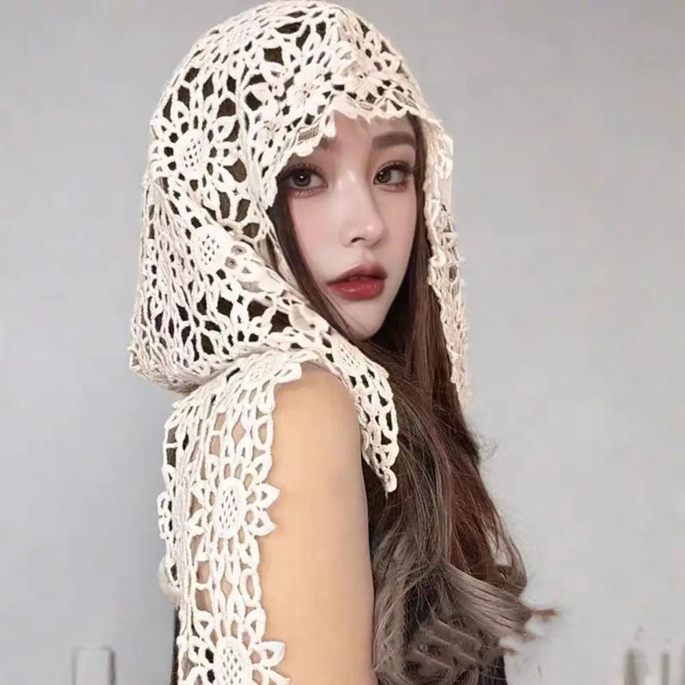 

Retro Flower Hollow Out Crochet Shawl Thin Cape Hooded Scarves Cloak Korean Style Blouse Shoulders Fake Collar Summer