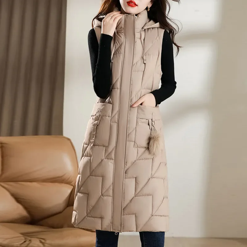 New Fashion Vest Women Sleeveless Jacket Autumn Winter Parkas Hooded Mid-Length Thick Warm Waistcoat Female Loose Outerwear W565