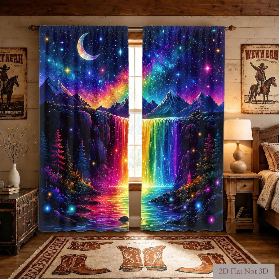 2PCS Digital Printed Curtains, Rainbow Waterfall Galaxy Starry Moon, Fantasy Magical Landscape Window Decor for Kids Room