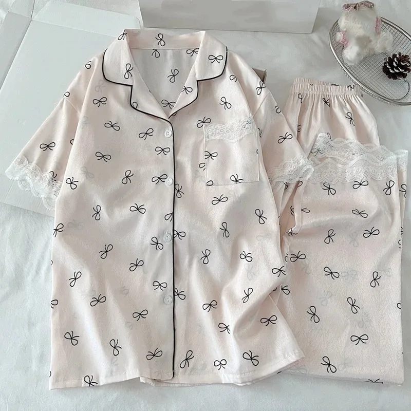Sweet Bow Dtie Print Women's Pajamas Set Lace Design 2026 Summer New Pajamas Set Harajuku Style Casual New Sleepwear HomeWear