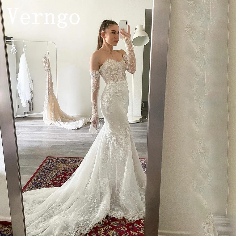 

Verngo Elegant Modest Full Lace Mermaid Wedding Dresses Long Sleeves Sweetheart Soft Tulle Bridal Gowns Bride Dress