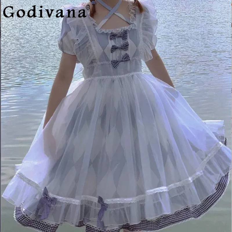 

Summer Elegant Blue Plaid Lolita High Waist A-line Age-reducing Dress Fashion Versatile Cute Girl Short Sleeve Princess Dresses