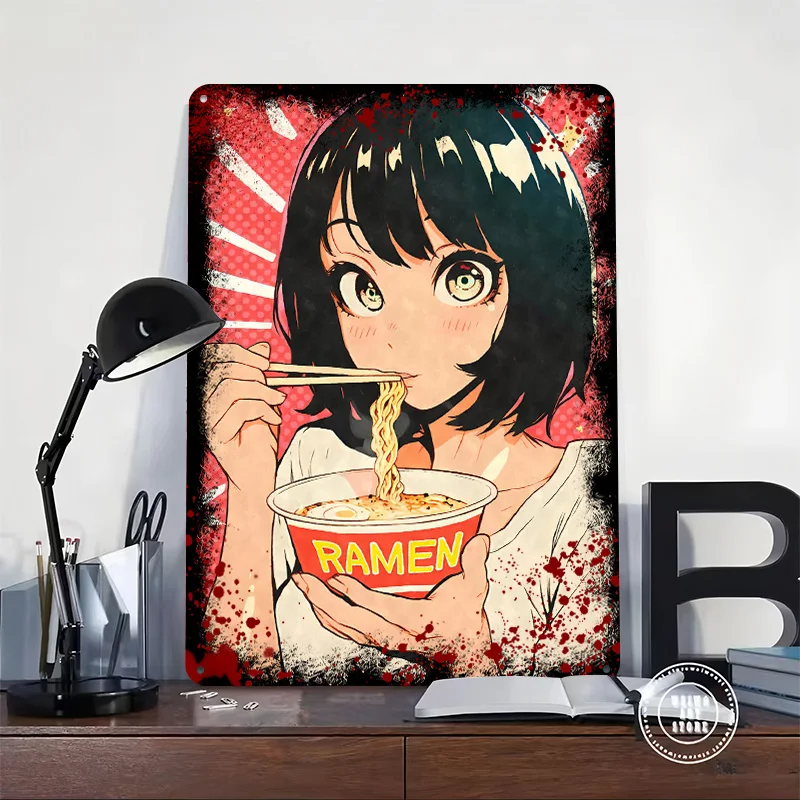 Anime Girl Eating Ramen Noodles Printed Poster Customized Wall Art Retro Vintage Metal Tin Signs for Room Home Decorations House
