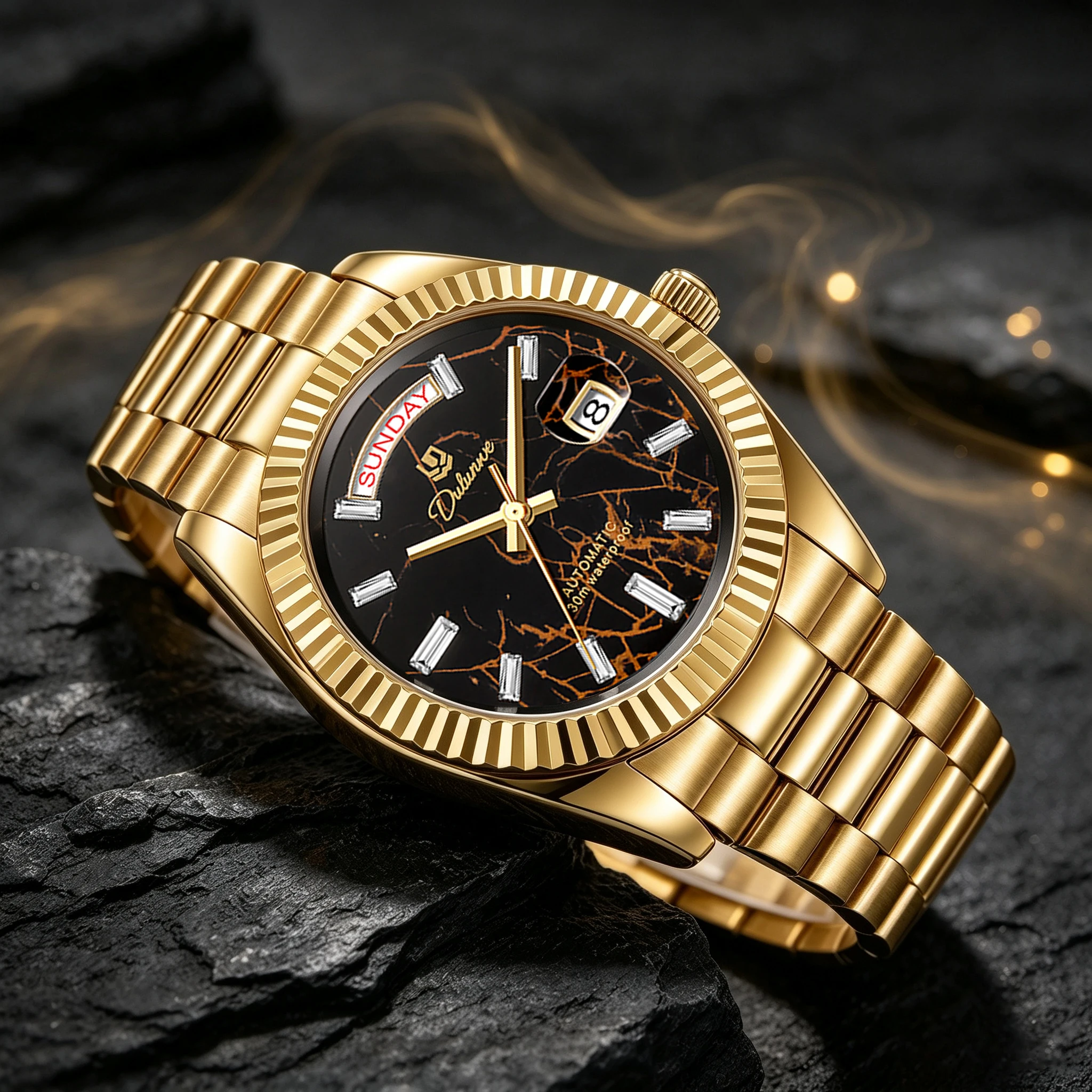 Men Business Automatic Wristwatch Steel Band Fluted Bezel Dial Day Date Function 30M Waterproof Dress Watch for Gentleman