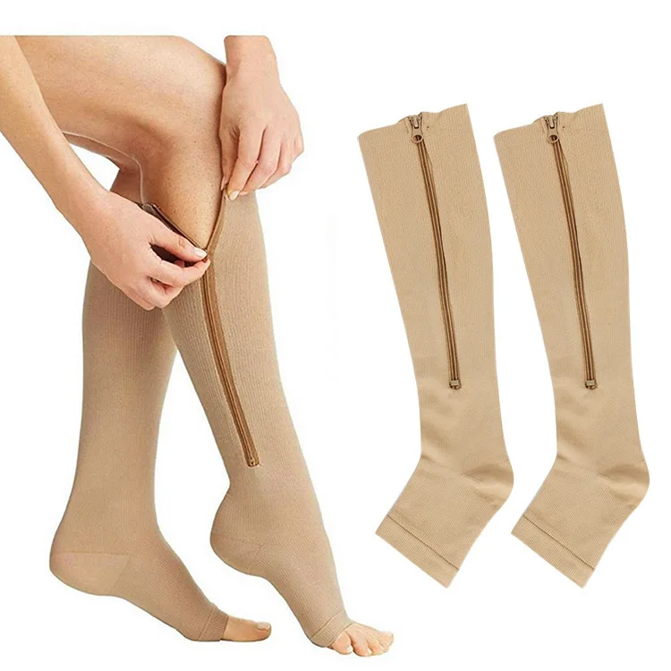 Flesh Color Sports Compression Zipper Socks Vein Stretch Socks