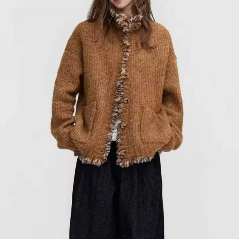 QICHE Women's Sweater Women Clothing 2026 Autumn Winter Lapel Frayed Edge Loose Pumpkin Caramel Knit Cardigan