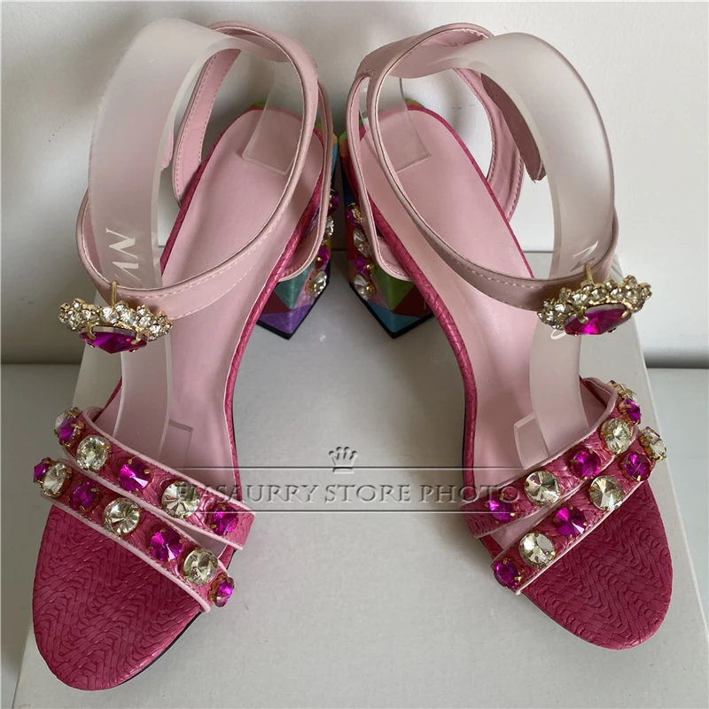 Diamond Square High Heel Sandals Women 2024 Jeweled Rhinestone Buckle Decor Strap Crystal Summer Shoes