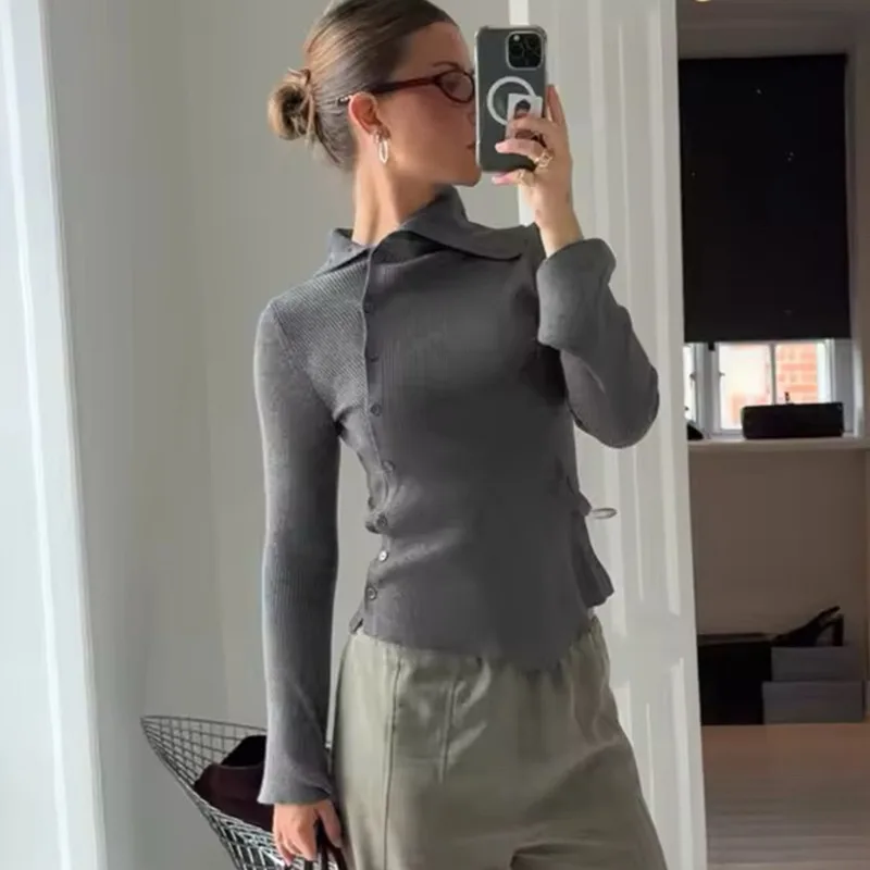 

Talenza Grey Chic Cardigan Fashion Irregular Single Breasted Patchwork Long Sleeve Top Autumn Vintage Office 2025 Women Knit Top