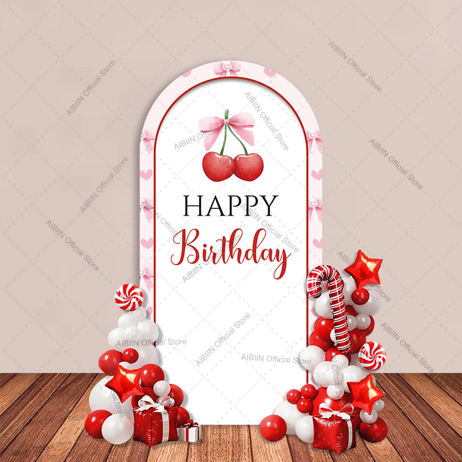 Girl Cherry Happy Birthday Arch Backdrop Cover Bow Fruit Sweet Heart Baby Cake Party Decor Portrait Photozone Background view 2