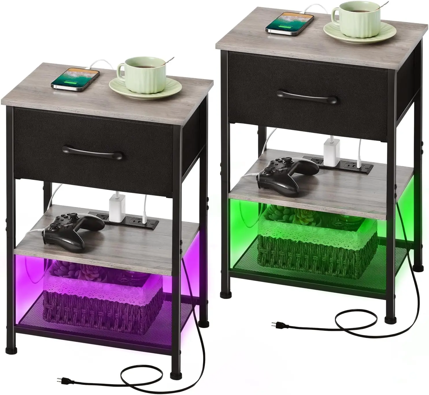 

Nightstands Set Of 2 With Charging Station And Drawer, End Table Side Table With 20 Colors Led Light St And 2 Layers Shelf For
