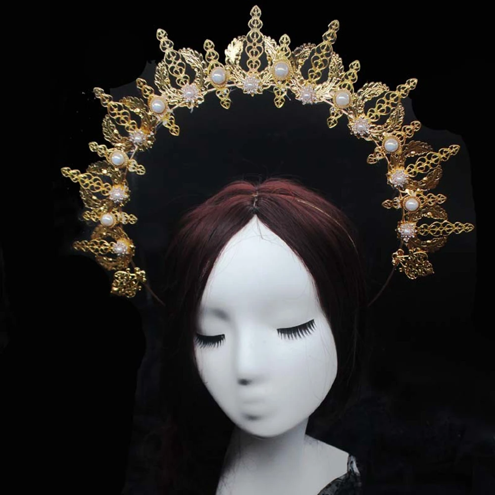 Lolita Halo Crown Headband Baroque Vintage Gothic Headpiece Women Girls Virgin Mary Tiaras Head Wear Accessories