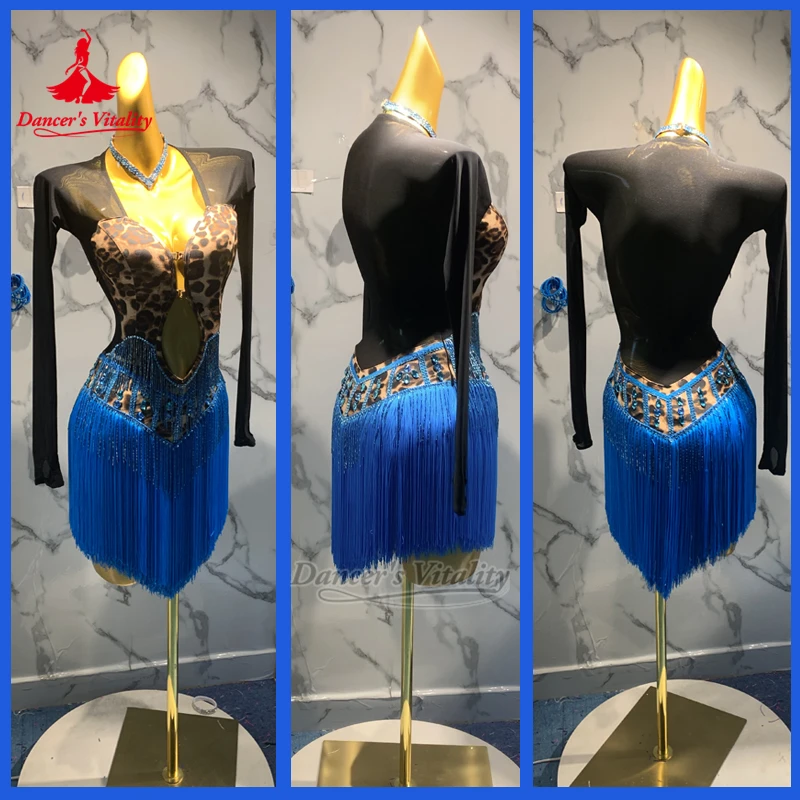 Female Latin Dance Black+leopard Print Stitching Long Sleeves Dresses Adult Chacha Samba Perform Clothe Custom Dancer's Vitality