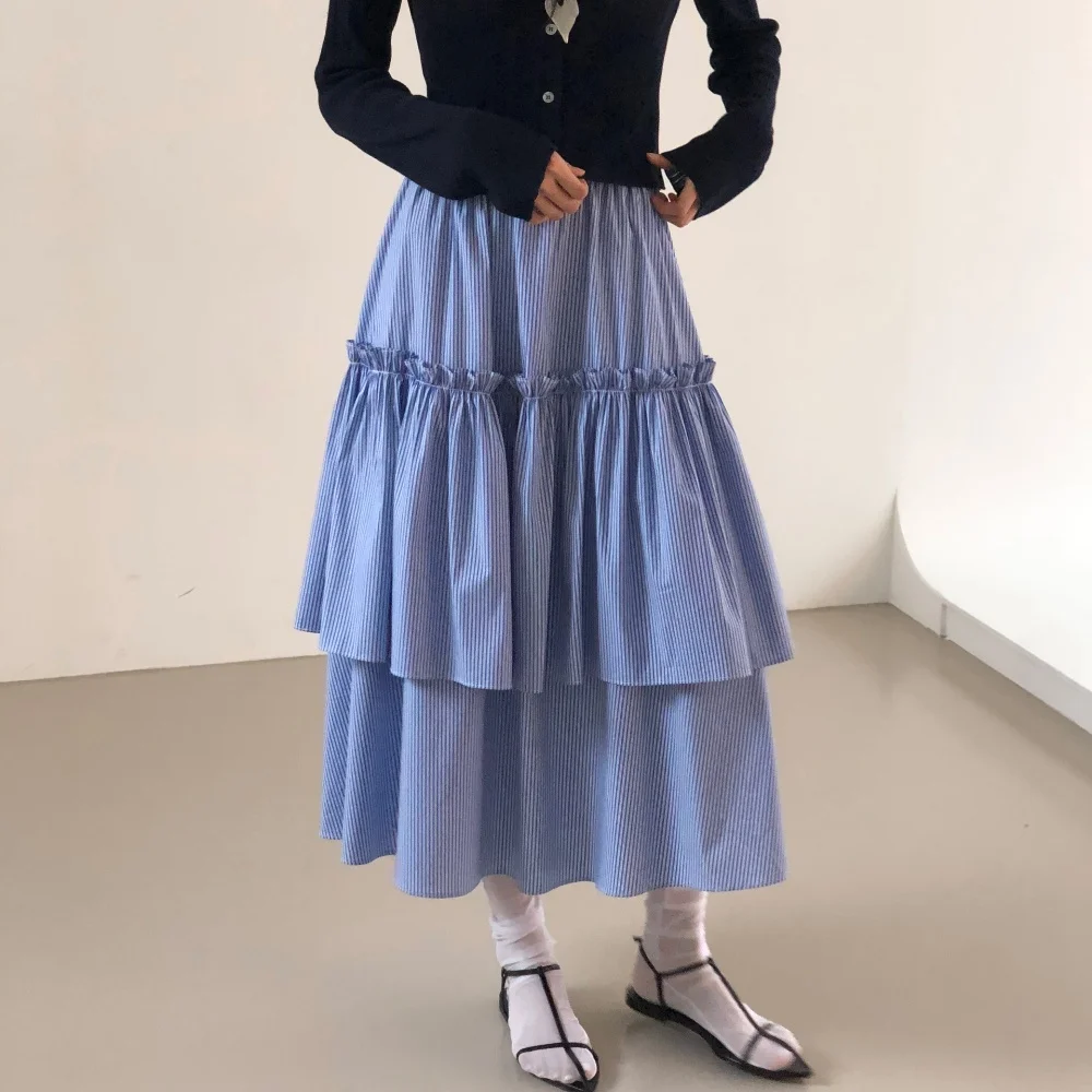 Elegant Fashionable Double Layer Design Wooden  Elastic Waist Casual Half Skirt Women's High Waist A-Line Midi Skirt
