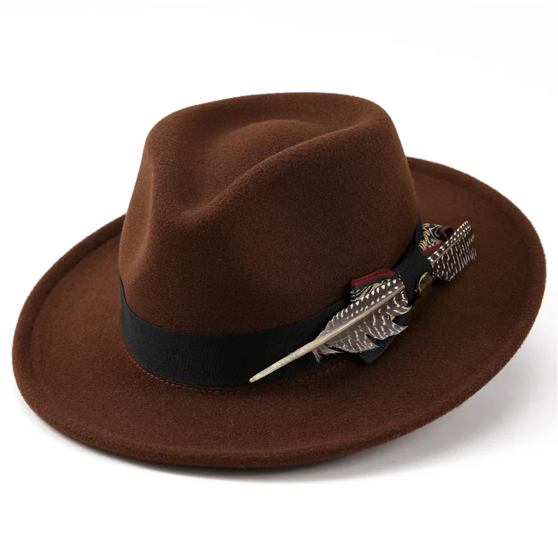 Breitkrempiger Fedora-Hut für Herren mit Federband, Vintage Jazz-Hut, Herbst-Winter, Hochzeit, Party, Reisen, Casual, Mode, formelle Kopfbedeckung – Detail 11