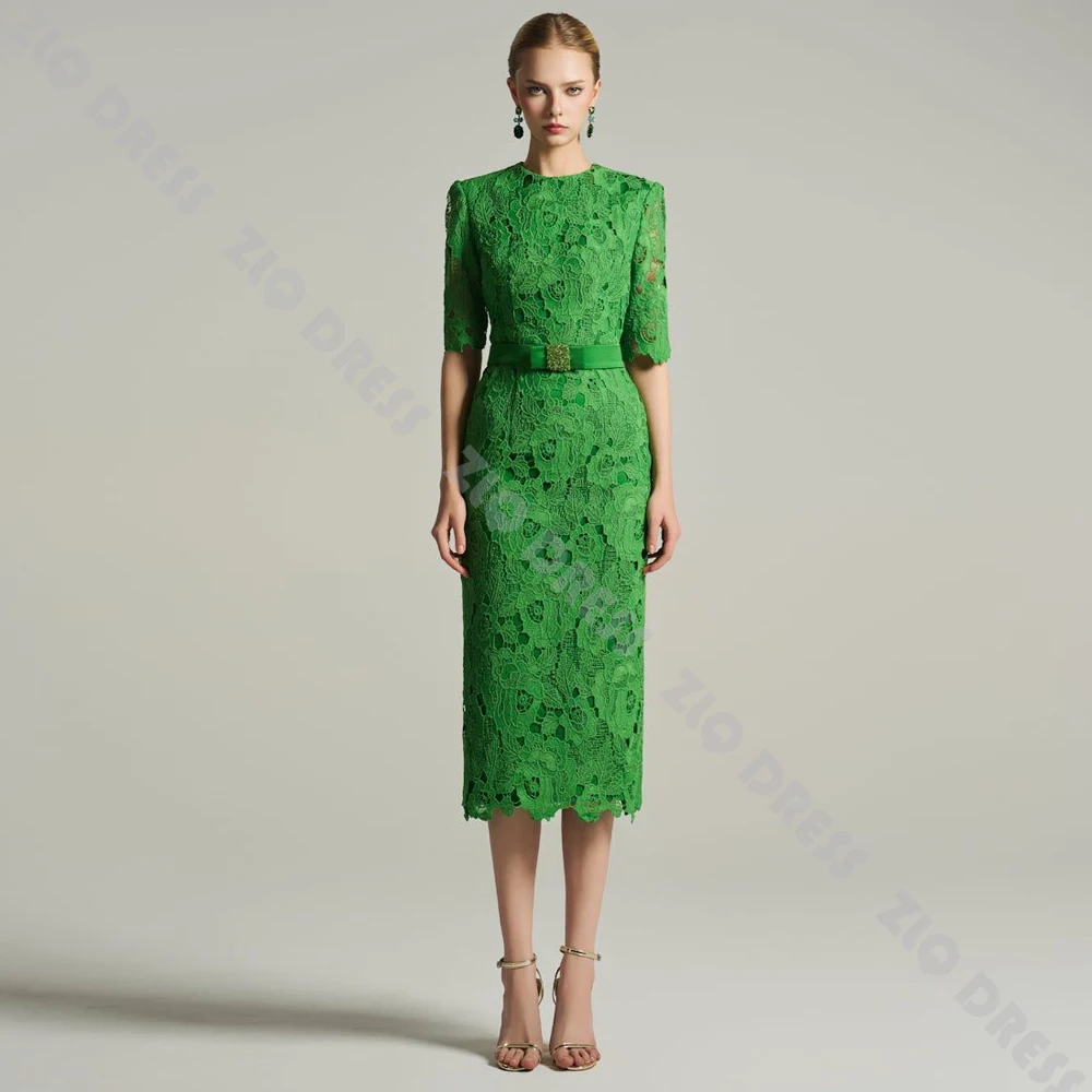 Vestidos de noche formales personalizados con cuello redondo y cinturón, de encaje completo y mangas cortas para mujer, vestidos de invitada de boda, vestido de fiesta de graduación tipo camisero