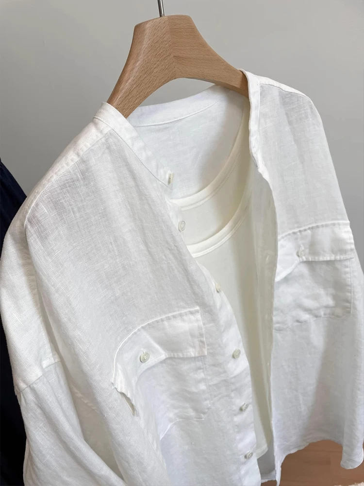 

White Linen Sun Protection Shirt Women Summer Thin Breathable Loose Casual round Neck Top Coat Korean Style Long Sleeve ...