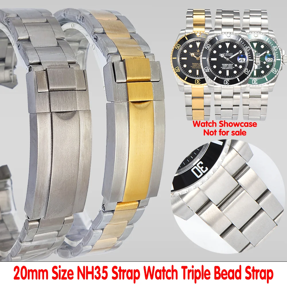 20mm Watch Strap 904L Stainless Steel Watch Strap Oyster Fits NH35 Watch Replacement Parts Slip Lock Buckle Wrist Strap