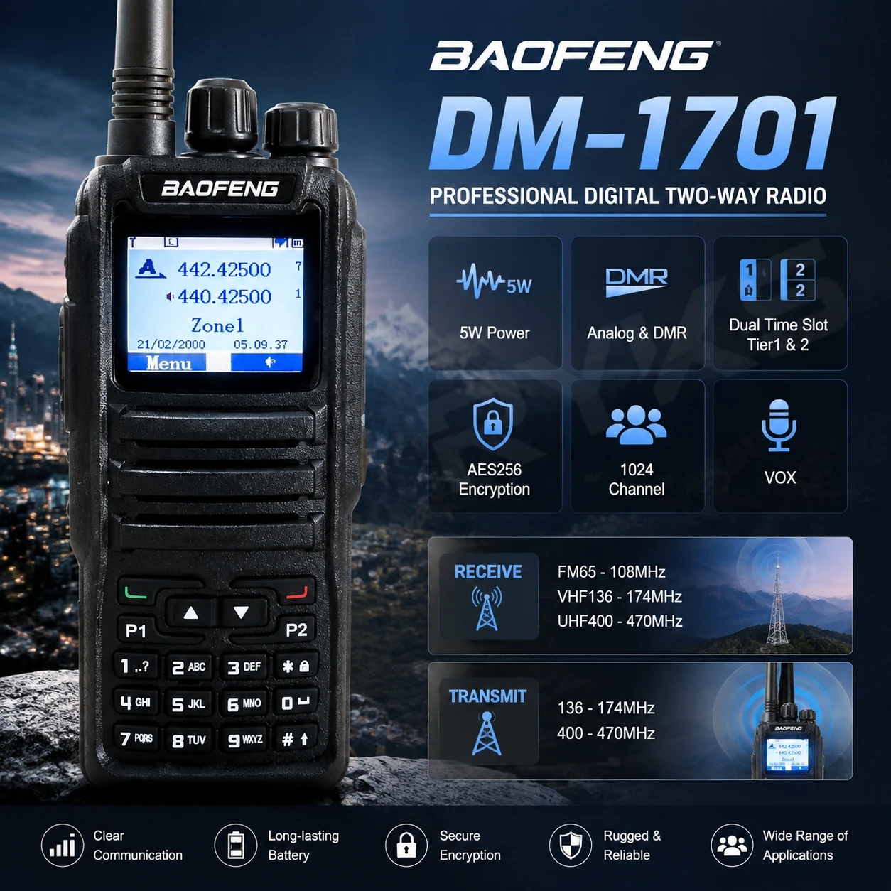 BAOFENG DM-1701 DMR Digital Walkie Talkie 5W Two Way Radio Dual Time Slot VHF UHF Analog Digital Ham Radio 2200mAh Portable
