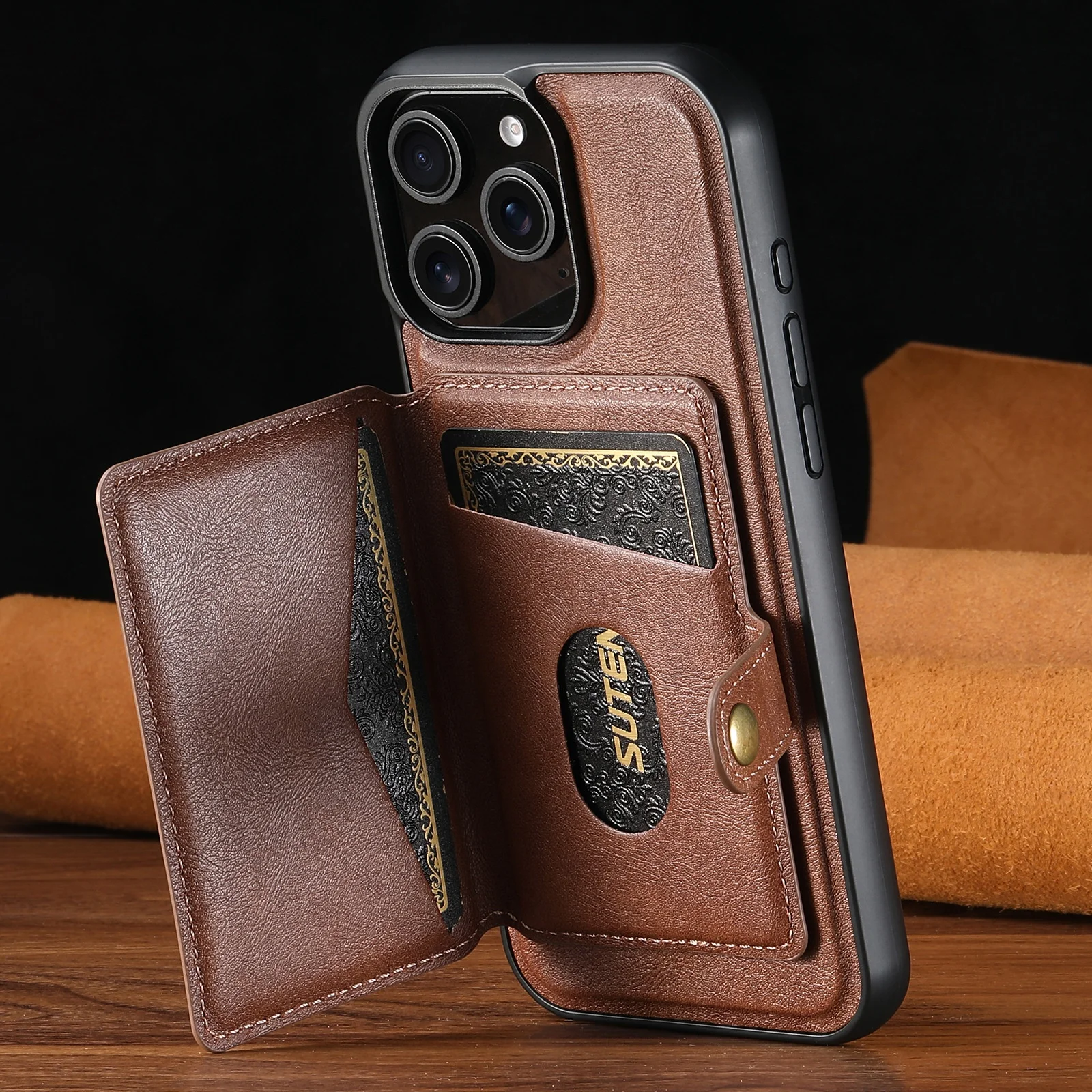 

Кожаный держатель для карт с магнитным карманом для беспроводной зарядки, чехол-кошелек для телефона для iPhone 12, 13, 14, 15, 16, 17 Pro Max Plus