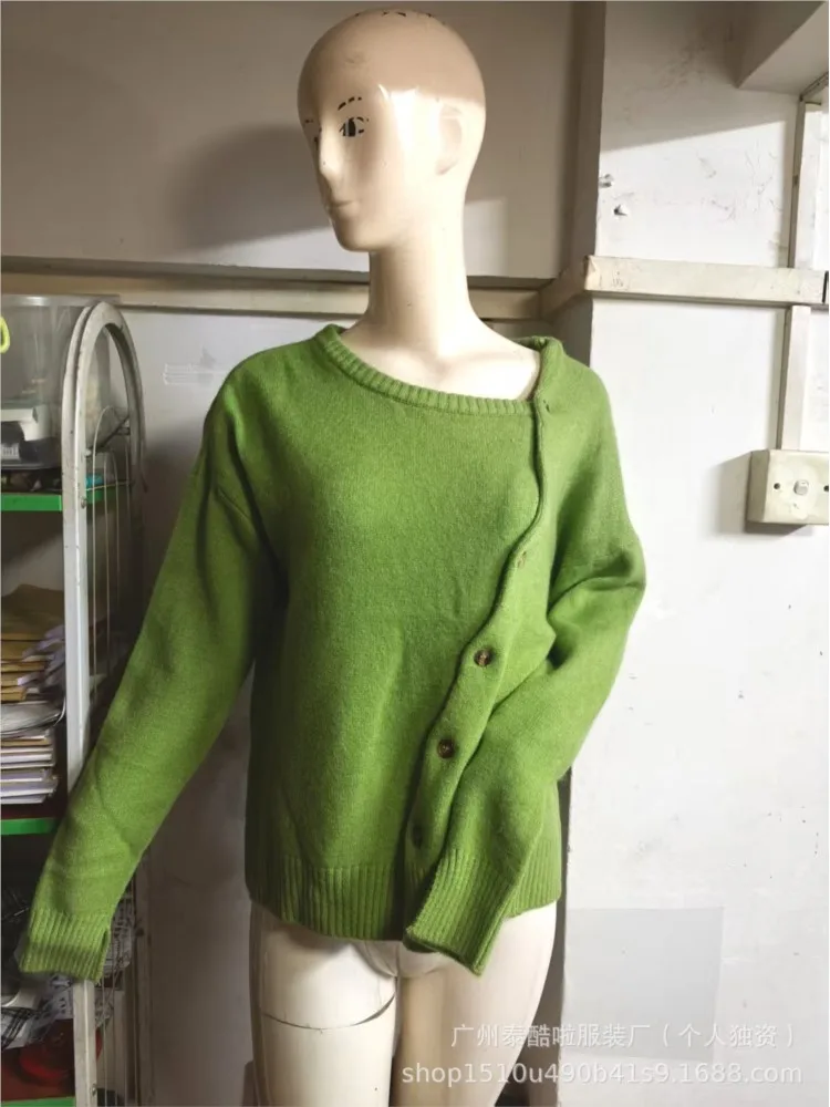 เสื้อคาร์ดิแกนไหมพรมแขนยาวคอโอ ทรงหลวม สไตล์ลำลอง สำหรับผู้หญิง  แบบติดกระดุมเฉียง  สำหรับฤดูใบไม้ร่วงและฤดูหนาว