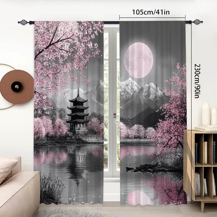 2PCS Digital Print  Curtain, Cherry Moon Ancient Pavilion, Aesthetic Room Decor  Curtain for Apartment Dorm Bedroom