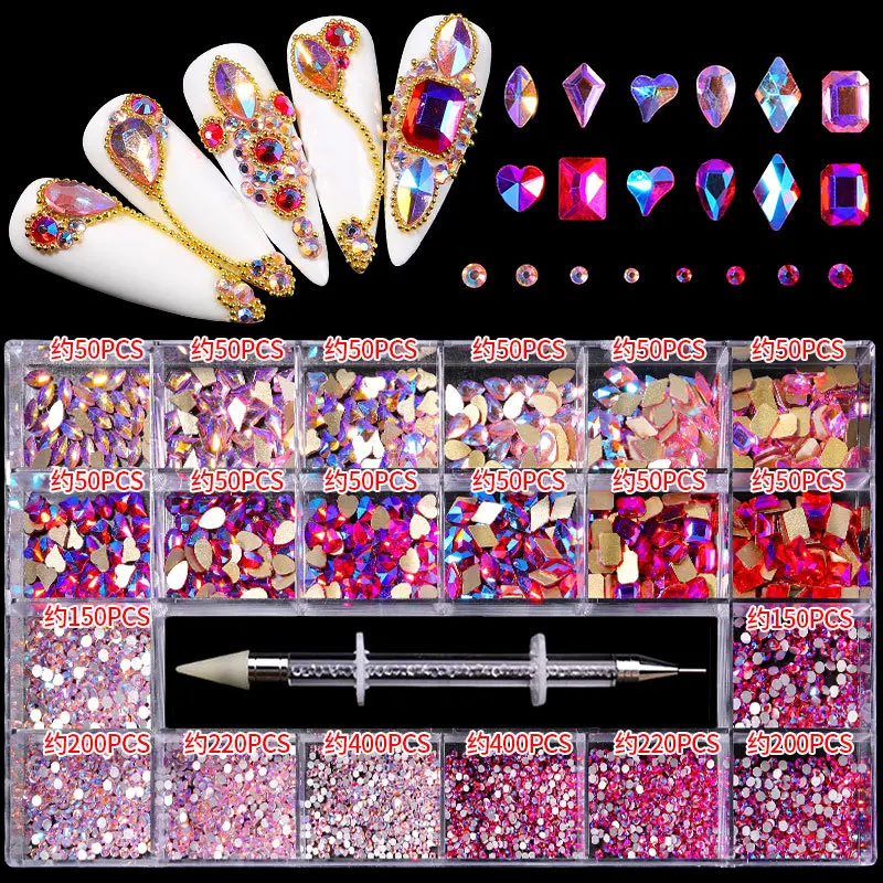 21 Grid 480pcs Nail Rhinestone Boxed Nail Drill Flat Bottomed Irregular Diamond Nail Rhinestone Nails Accessory Set