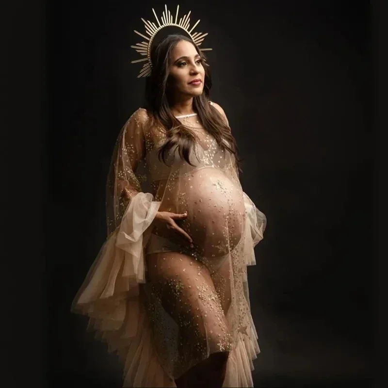 Sexy Golden Star Tulle Maternity Photography Prop Dresses Flare Sleeve See Through Pregnant Women Pregnancy Photo Shooting Dress