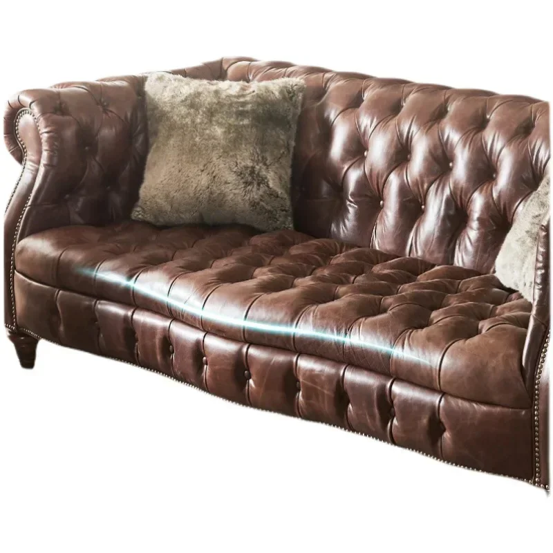 Nordic leather sofa, living room clothing store, American retro double, light luxury oil wax leather sofa