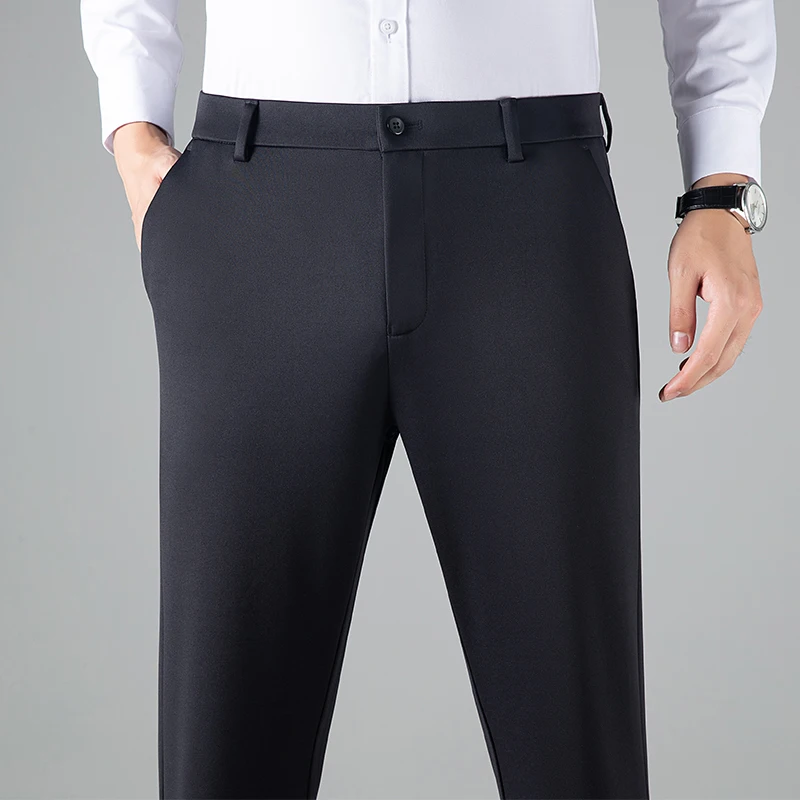 Men's Business Casual Straight-Leg Pants for Autumn/Winter Fleece-Lined Warm & Wrinkle-Resistant Pant Classic Black Gray Blue