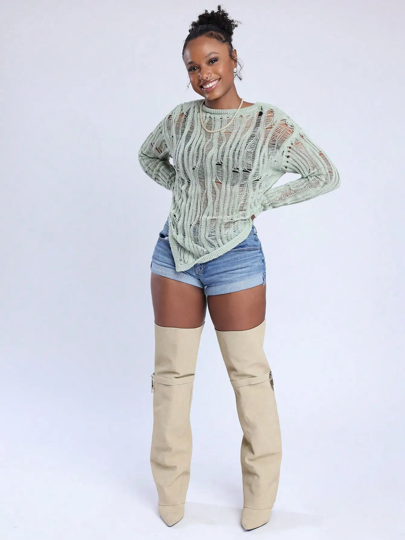 

Women's Distressed Knitted Asymmetric Pullover, Long Sleeve Y2K Boho Sweater for Summer Festival & Concert Outfits