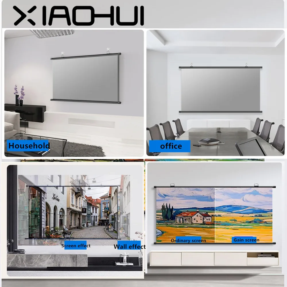 شاشة عرض XIAOHUI مقاس 120 بوصة 16:9، نوع غير مثقوب مثبت على الحائط، شاشة عرض منزلية مضادة للضوء
