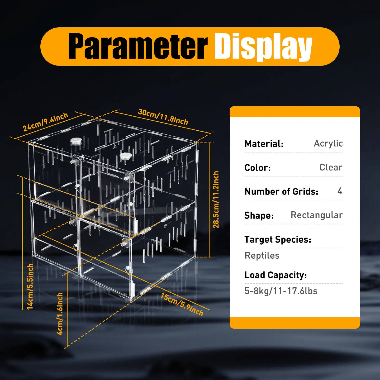 

4 Grids Acrylic Pet Reptile Cage Breeding Box Terrarium Lizard Insect Climbing Spider Snake Tank Clear
