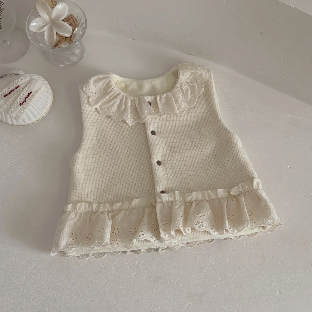 Double Layered Velvet Autumn Lace Collar Single Breasted Sleeveless Vest