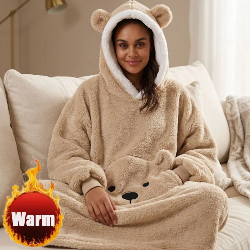 1PC Extra Long Sleeve Wearable Blanket Hoodie Solid Color Thick Warm Unisex Oversized Lazy TV Blanket for Sofa Bed Pajamas