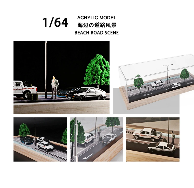 Diorama 1 64 Garage for Hot Wheels Display Car Model Beach Road Scene Parking Lot HD Acrylic Dust Wooden Base Collection Box NEW