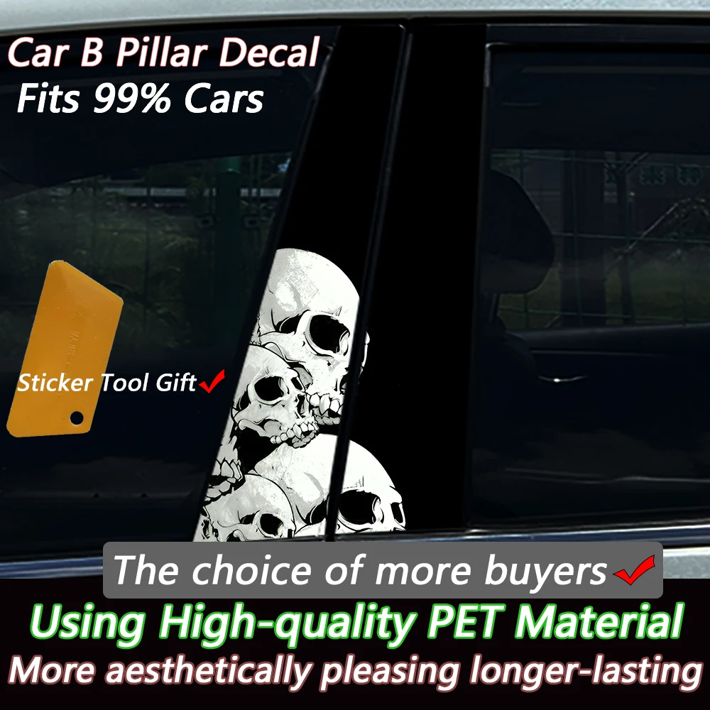 2PCS Stacked White Skulls Car B Pillar Sticker Waterproof Vinyl Decal Auto Middle Column Scratch Cover Decor