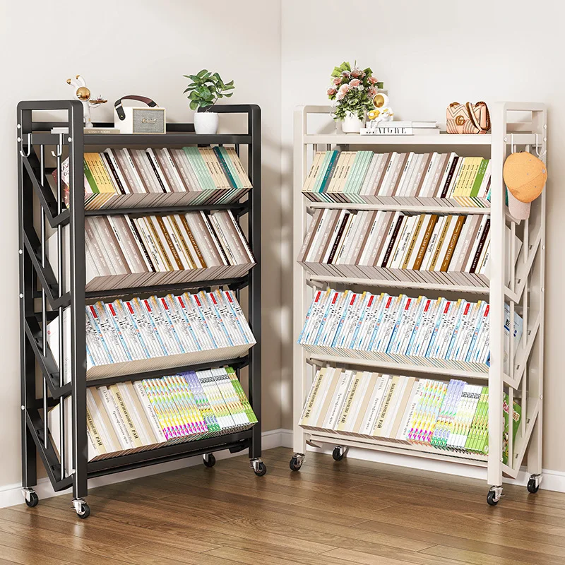 

Книжная полка Напольная полка Подвижная тележка Стеллаж для хранения книг Бытовая простая многослойная полка для школьной сумки