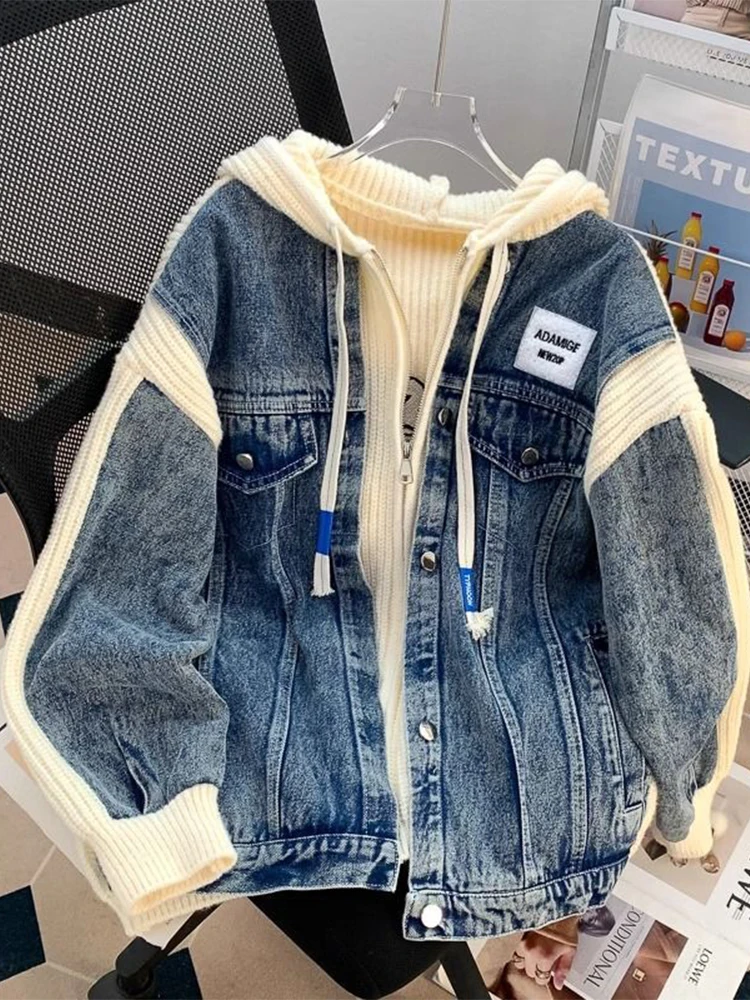 

Свободная джинсовая толстовка-худи унисекс с лоскутным дизайном, ветрозащитная, с длинными рукавами, стандартной длины, верхняя одежда