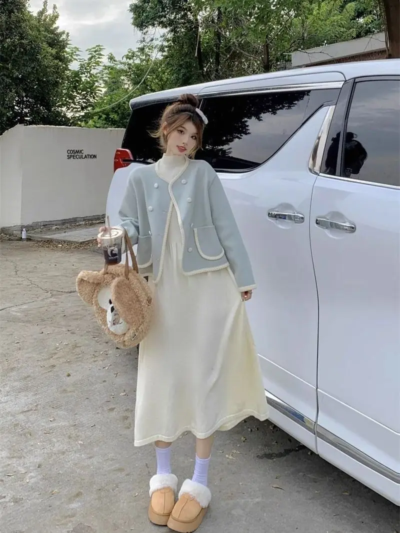 Chic Fragrance Style Jacket And Dress Set Women's Gentle Fashion Autumn Winter Long Skirt Outfit Two Piece Set Casual Wear