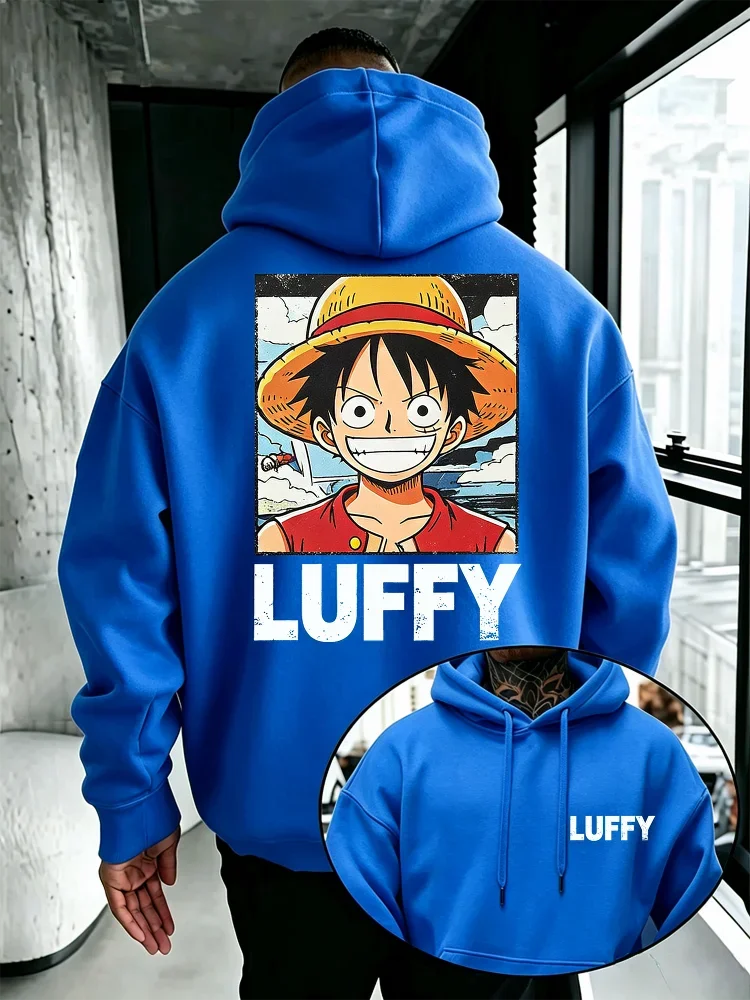One Piece Monkey D. Luffy Hoodie mit Vorder- und Rückseiten-Print, Retro-Luffy-Porträt, Strohhut, Anime-Fan, lässiger Pullover mit Kapuze – Detail 10