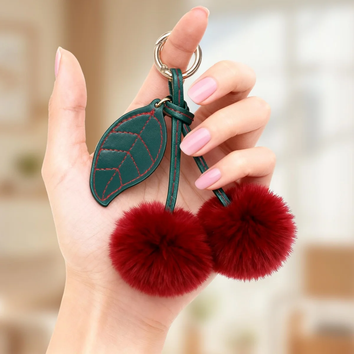 Pom Pom Keychain Cute Cherry Keychain Fluffy Accessories Cherry Bag Purse Car Bag Charm Handbags Pendant for Women Girl