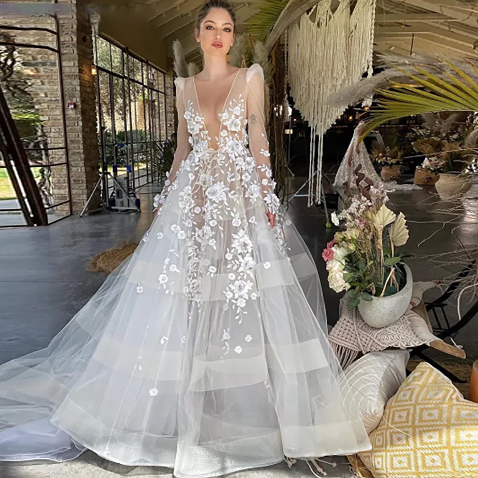 Personalizado Sexy Boho Apliques de encaje flores 3D cuello en V profundo una línea vestidos de novia 2024 espalda abierta corte tren vestidos de novia de tul