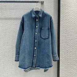 2024 New Spring Fashion Cotton Blue Denim Shirt Women Lapel Long Sleeve Front Pocket Long T-shirt Designer Tops