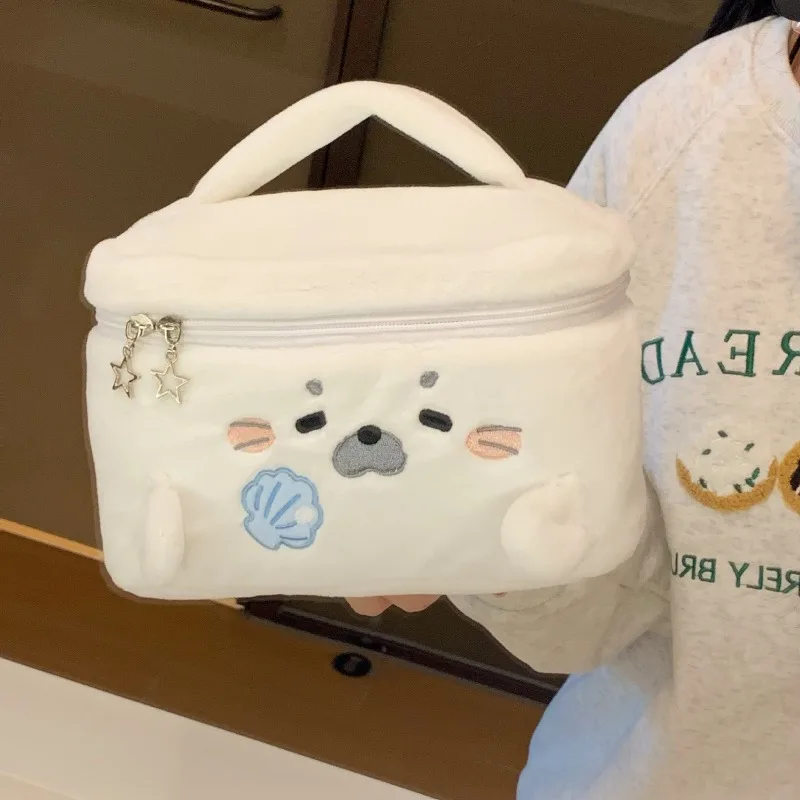 Cute Little Seal Plush Makeup Bag for Women Large Capacity Cosmetic Organizer Travel Business Trip Wash Toiletry Storage Bag
