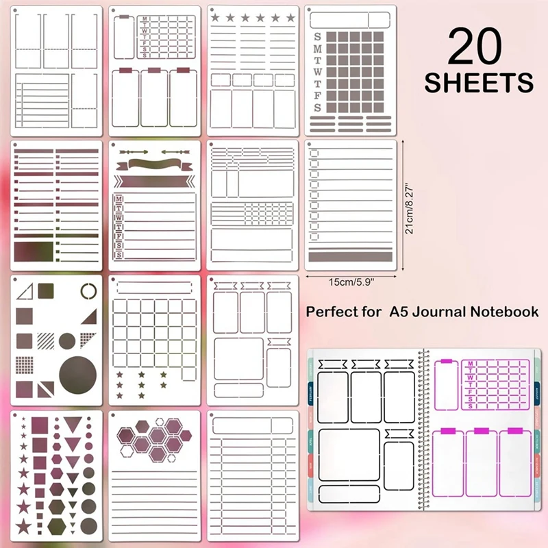 เทมเพลตไดอารี่20ชิ้นชุดแม่แบบไดอารี่นำกลับมาใช้ใหม่ได้สมุดโน้ตการ์ดปฏิทินตกแต่งศิลปะบนผนังไม้