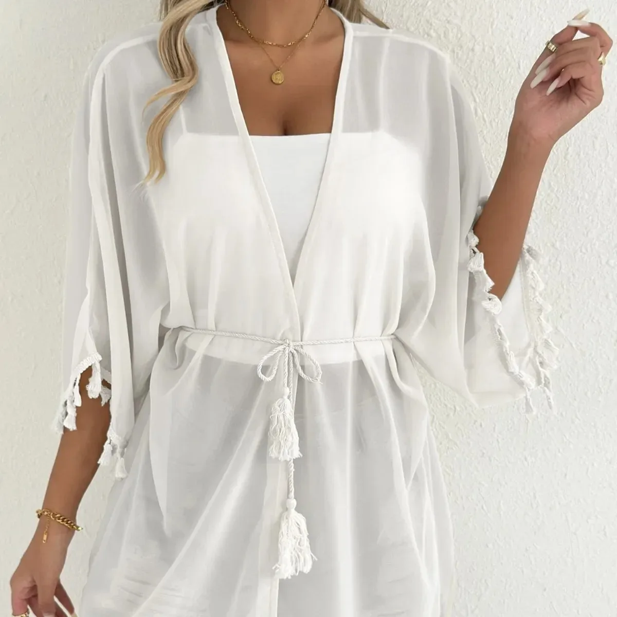 Senhoras casual praia biquíni protetor solar outerwear chiffon retalhos cor pura borla splice verão férias moda cobrir