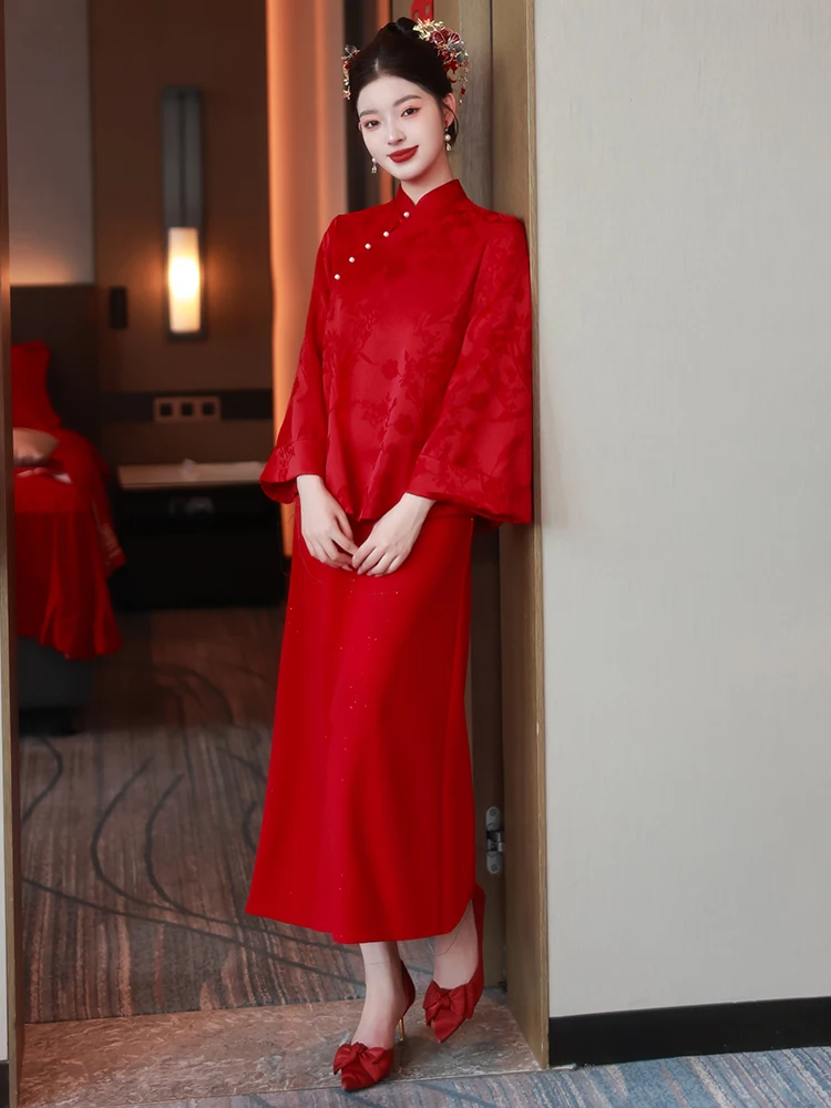 

Red Chinese Sle Wedding Dr Set Brideom Ceremony Costume Women's Autumn Winter Large Size Marital Tang Suit