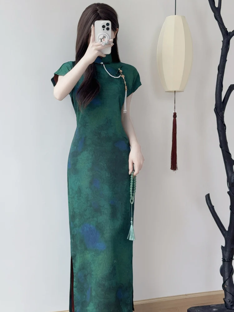 

Традиционное цельное винтажное платье-ципао с разрезом, создающее ощущение роскоши, дышащее, с коротким рукавом, длинное, в стиле Шанхай.