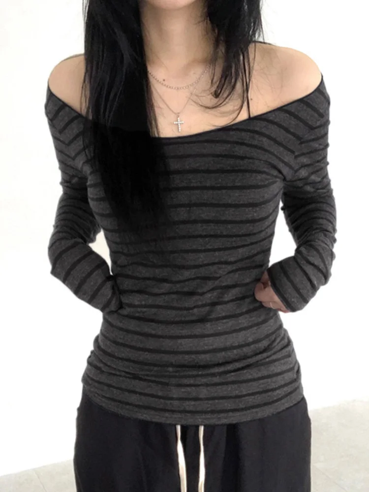 Japanese Basic Slim Long Sleeve Stripe Tee Off Shoulder O Neck Korean Street Style Spring Autumn Y2K Gray T Shirt Women